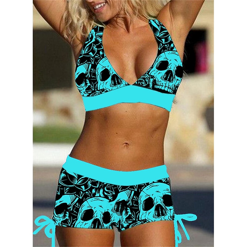 Women's Swimsuits Bikini 2 Piece Plus Size Swimsuit Open Back Printing Leopard Skull White Blue Purple Red V Wire Bathing Suits New Vacation Holiday / Modern / Letter / Flower / Padded Bras2