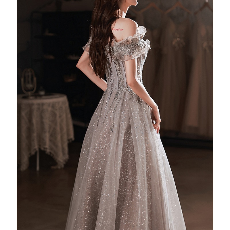 A-Line Prom Dresses Sparkle & Shine Dress Wedding Guest Prom Floor Length Short Sleeve Off Shoulder  with Sequin Ruffles  dress to impress2