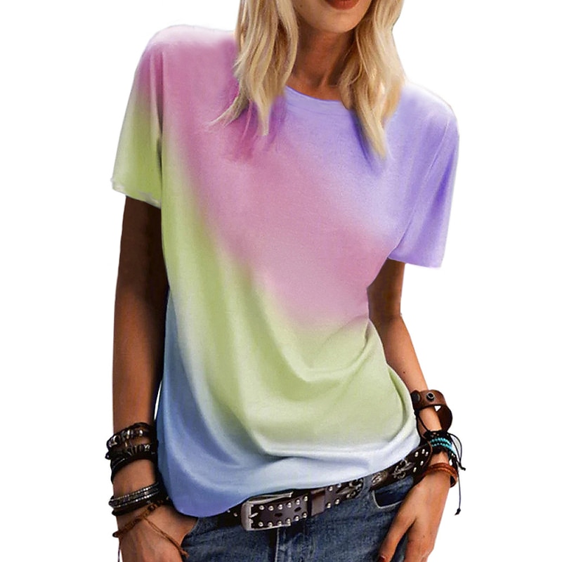 Women's clothing rainbow gradient printing casual top round neck short sleeve loose t-shirt3