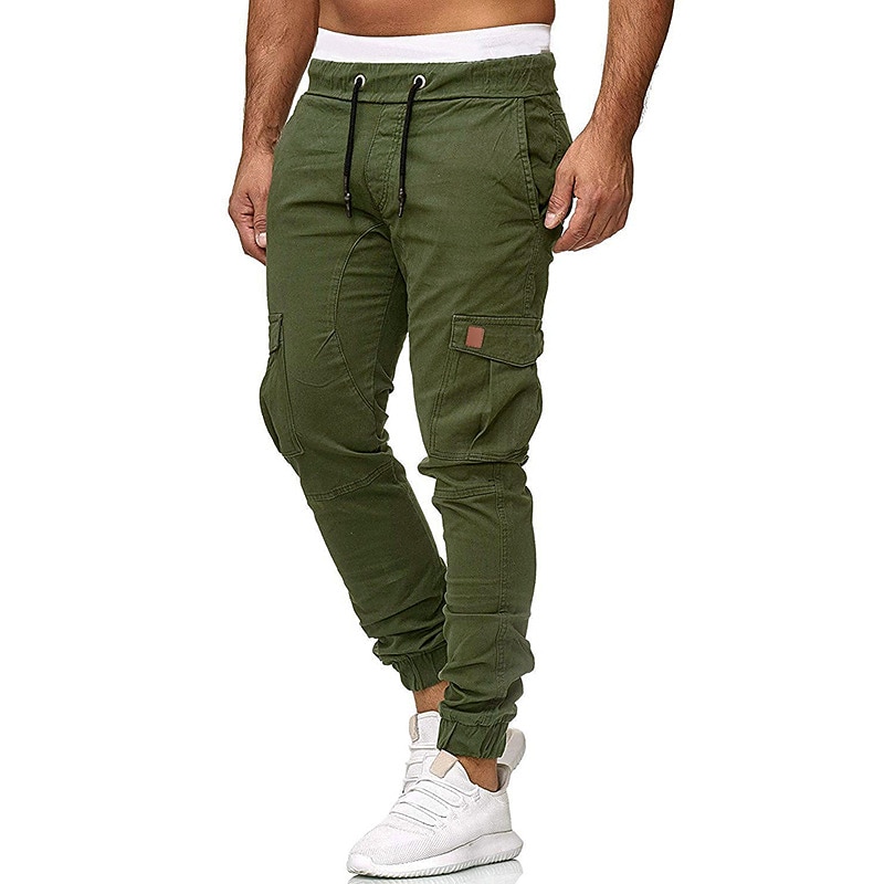 Men's Cargo Pants Cargo Trousers Joggers Trousers Drawstring Elastic Waist Multi Pocket Solid Color Sports Outdoor Daily Wear Casual Slim ArmyGreen Black4