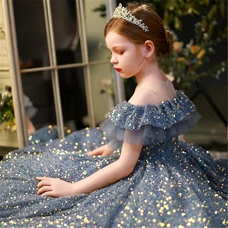 Kids Girls' Dress Sequin Swing Dress Wedding Special Occasion Sequins Ruched Mesh Dusty Blue Maxi Short Sleeve Princess Cute Dresses2