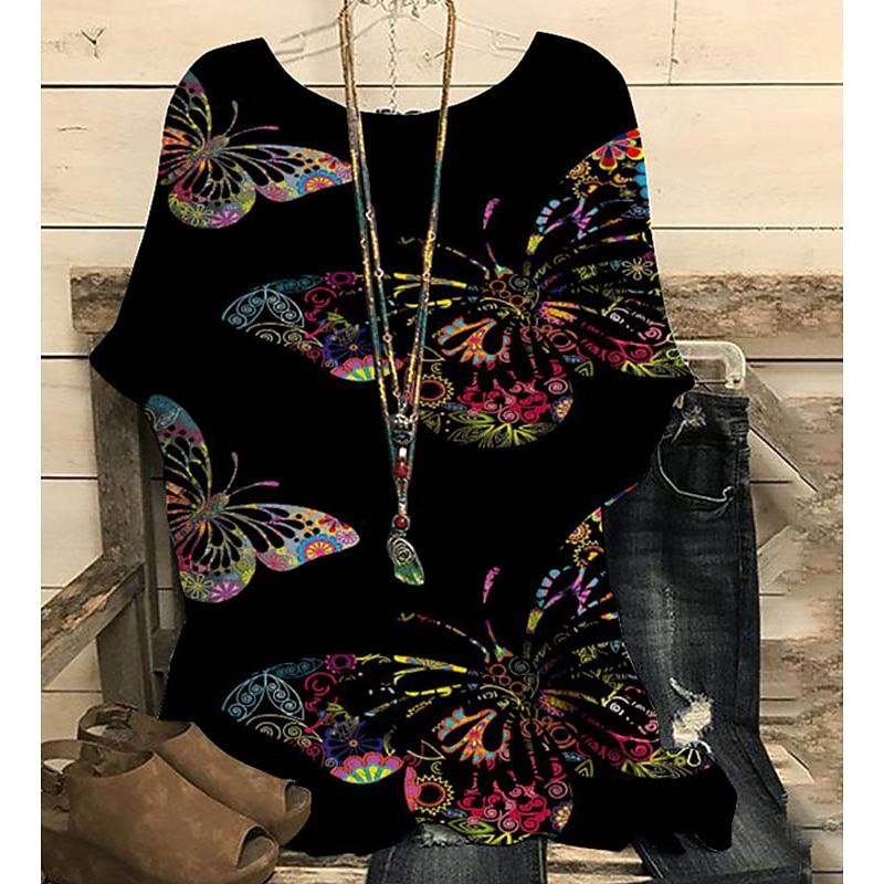 Women's Plus Size Blouse Graphic Polka Dot Butterfly Punk & Gothic Short Sleeve Dolman Sleeve Round Neck Regular Tops Daily Going out Weekend Print Black Blue Dark Blue Summer Spring3