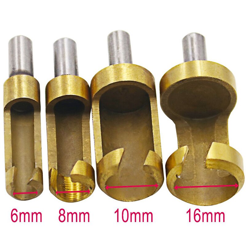 4pcs 6.3mm Titanium Plating Round Shank Carbon Steel Wood Plug Cutter 6mm8mm13mm16mm Woodworker Wood Drilling Plug Hole Cutters Drill Bit4