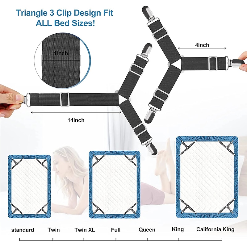 4 Pcs/Set Bed Sheet Fasteners Clips - Elastic Bed Sheet Holder Straps, Mattress Cover Grippers, Quilt and Blanket Organizers4