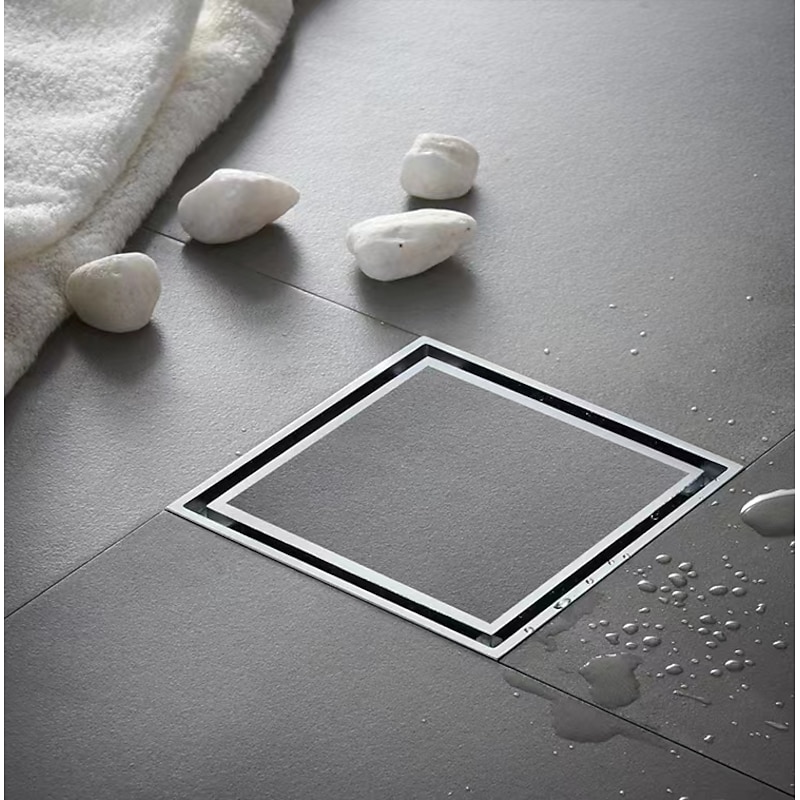 4 inch Square Shower Floor Drain, Removable Brass Flange Reversible Double Cover Tile Insert Grate, Hair Catcher Strainer Black Chrome Golden3