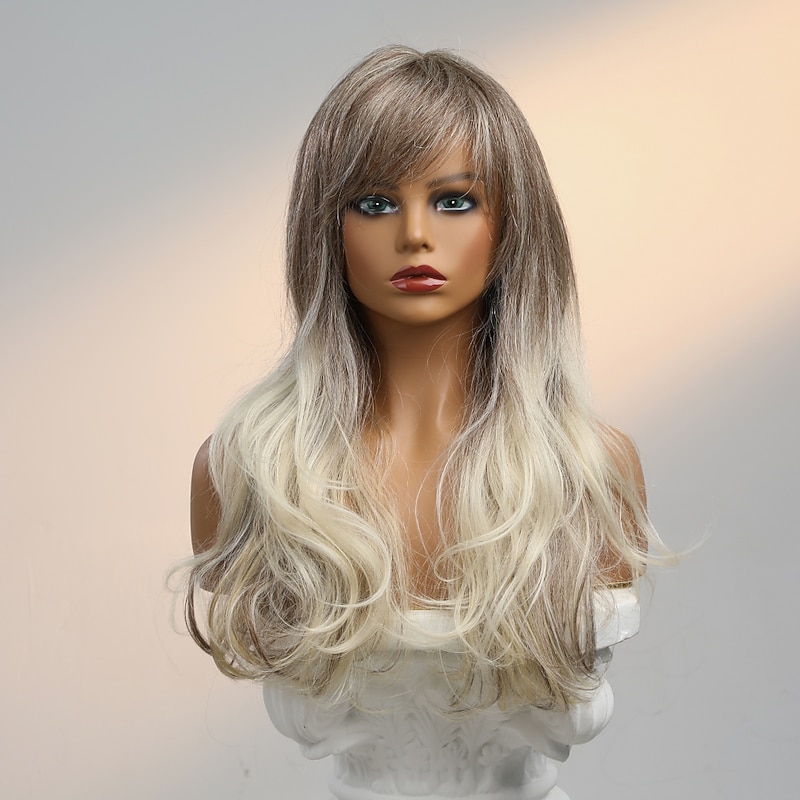 Human Hair Blend Wig Very Long Body Wave Side Part Layered Haircut Asymmetrical With Bangs Blonde Cosplay Curler & straightener Natural Hairline Capless Brazilian Hair Women's All Golden Brown / Ash2