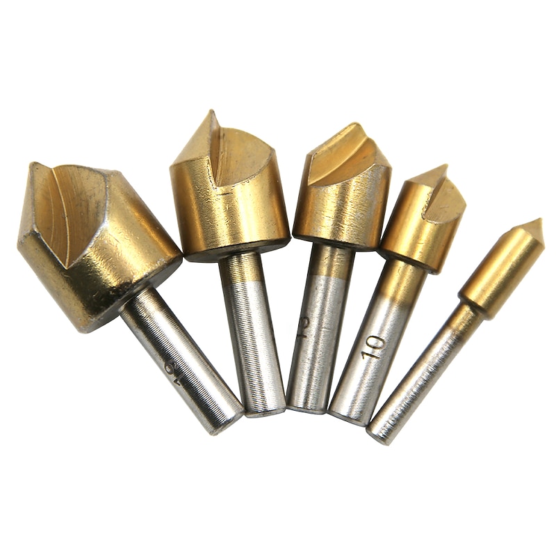 5pcs 6mm 10mm 12mm 16mm 19mm Chamfering Debur Countersink Drill Bit 1 Flute 90 Degree Set For Wood Quick Change
