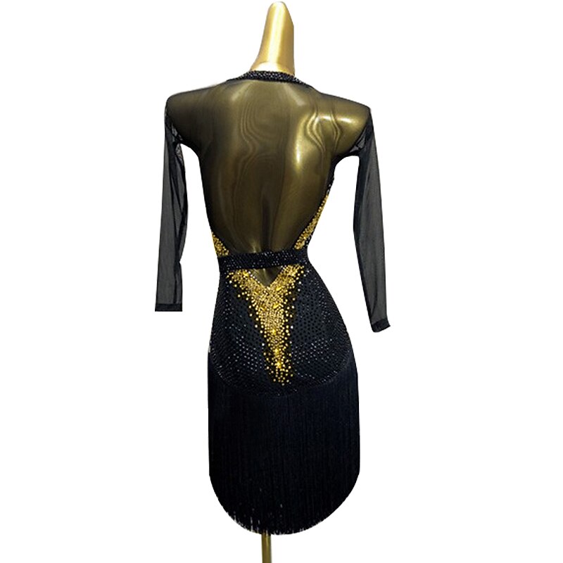 Latin Dance Latin Salsa Dance Dress Rhinestone Sashes / Ribbons Women's Girls' Performance Training Long Sleeve High Mesh Spandex3