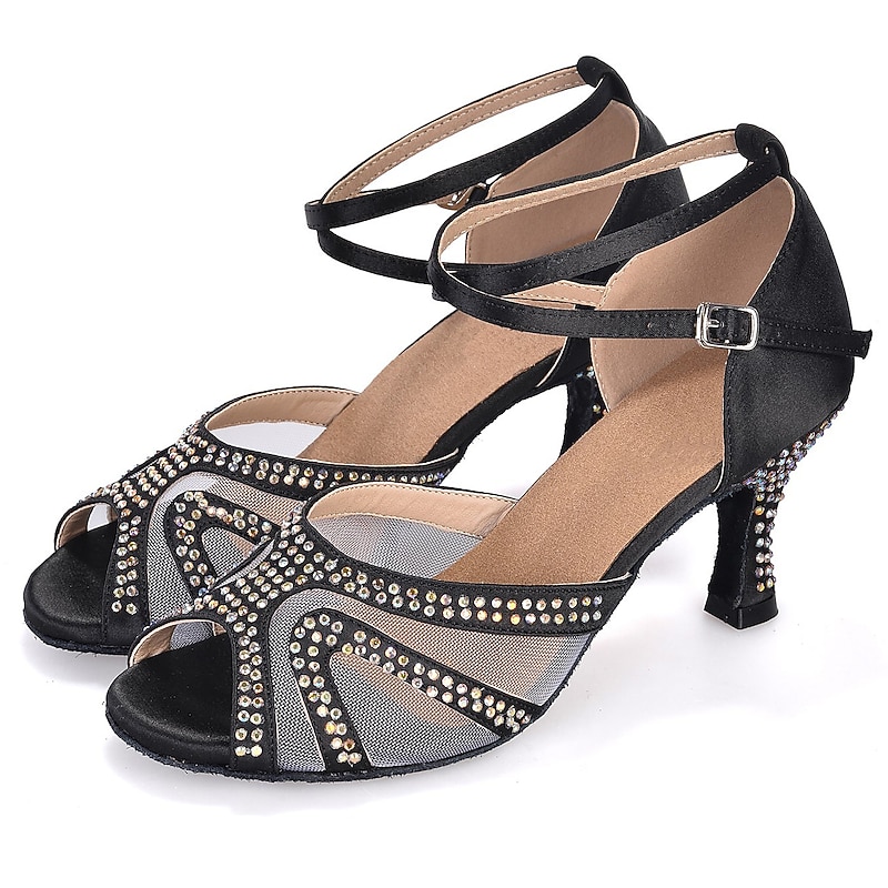 Women's Latin Shoes Salsa Shoes Performance Glitter Crystal Sequined Jeweled Heel Splicing Tulle Flared Heel Ankle Strap Black Red Blue2