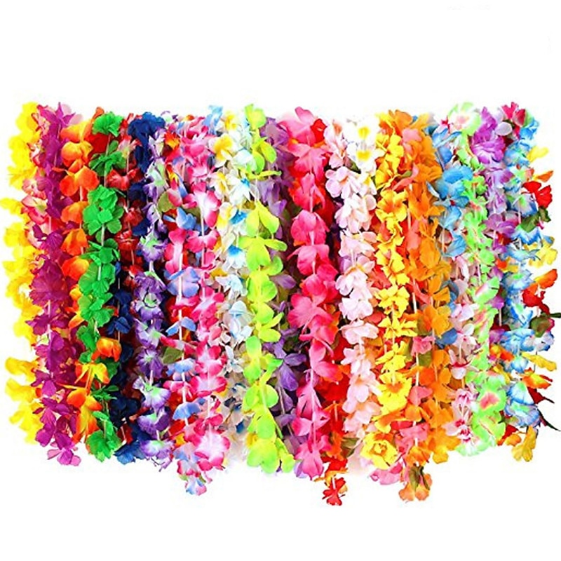 50pcs Hawaiian Leis Necklace Tropical Luau Hawaii Silk Flower Lei Theme Party Favors Wreaths Headbands Holiday Wedding Beach Birthday Decorations