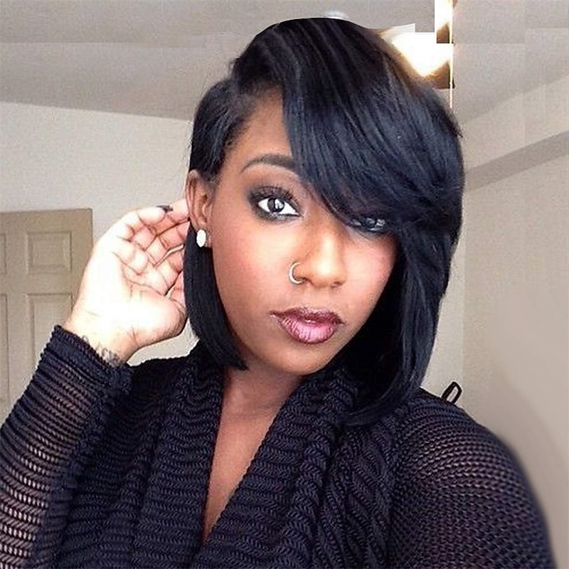 Short Cut Bob Synthetic Wigs for Women Heat Resistant Costume African American Wigs with Side Bangs Natural Black Full Wigs Look Real