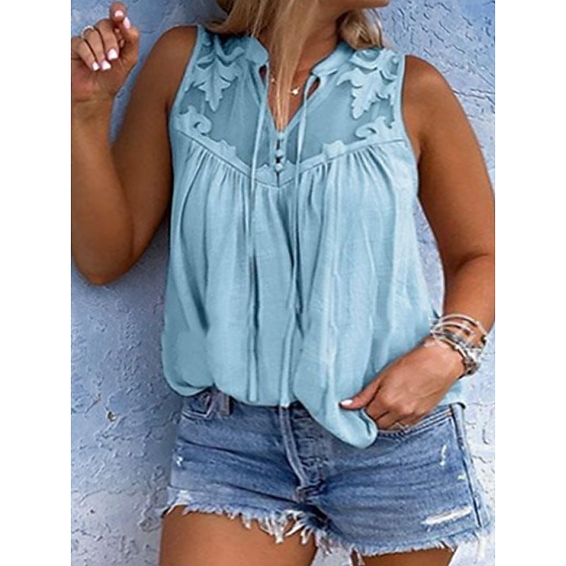 Women's Plus Size Lace Shirt Going Out Tops Blouse Concert Tops Streetwear Sexy Mesh Sleeveless Regular Tops V Neck Vacation Daily Back to School Pink Light Blue Gray Summer Spring3