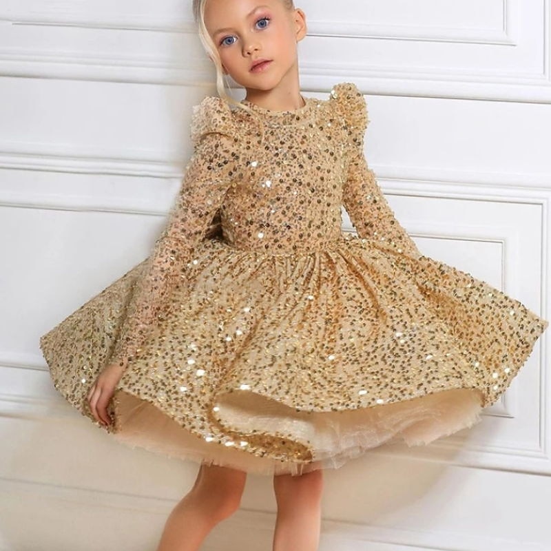 Kids Little Girls' Dress Sequin A Line Dress Party Performance Sequins Sparkle Yellow Asymmetrical Long Sleeve Princess Sweet Dresses Summer Regular Fit 3-12 Years