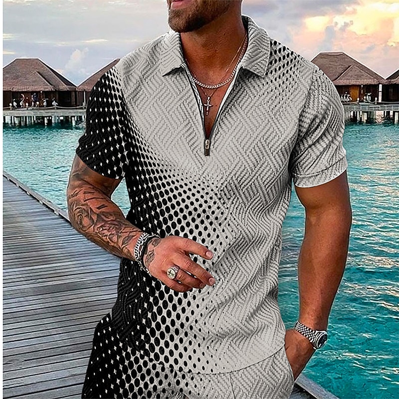 Men's Geometric Hawaiian Polo Shirts Golf Shirt Short Sleeve Polo Shirts Collared Shirts Casual Beach Wear Vacation Wear Party Outfits 3D Print Quarter Zip Polo Black / Gray Pink Red