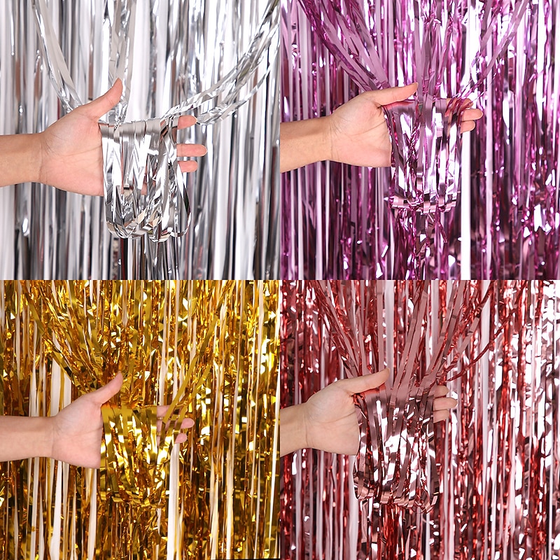 3.2 ft x 9.8 ft Metallic Tinsel Foil Fringe Curtains for Party Photo Backdrop Wedding Decor (2 Pack, Gold)