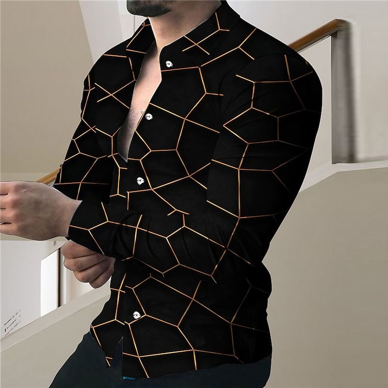 Men's Geometric Pattern Geometry Shirt Button Up Shirt Long Sleeve Fashion Designer Casual Outdoor Casual Holiday Summer Spring Turndown Print Button-Down Black