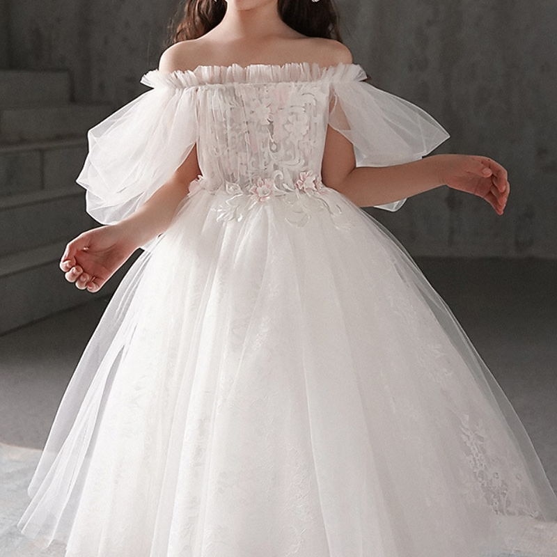 Kids Girls' Flower Girl Dress Dress Solid Colored Short Sleeve Wedding Party Ruched Mesh Print Cute Princess Cotton Tulle Asymmetrical A Line Dress Tulle Dress Flower Girl's Dress Summer Spring 3-122