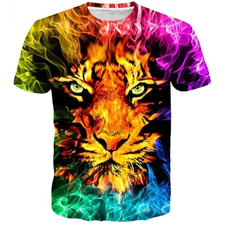 Kids Boys T shirt Short Sleeve 3D Print Tiger Animal Crewneck Rainbow Children Tops Spring Summer Active Fashion Daily Daily Outdoor Regular Fit 3-12 Years