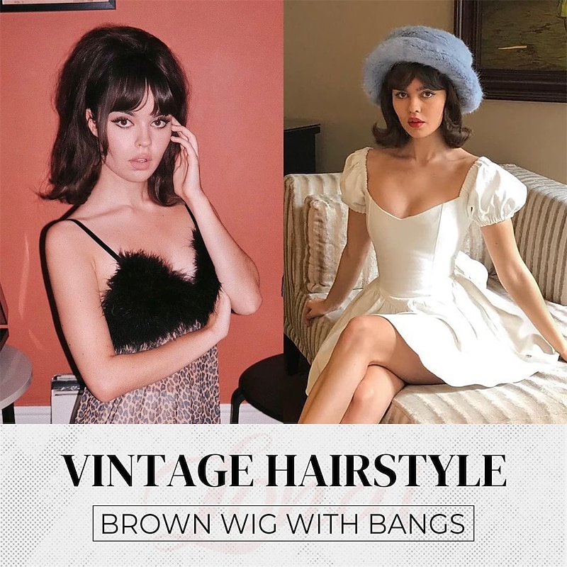 Vintage Brown Wig 50s 60s 70s with Bangs Synthetic Hair for Women  Party Halloween Wigs2