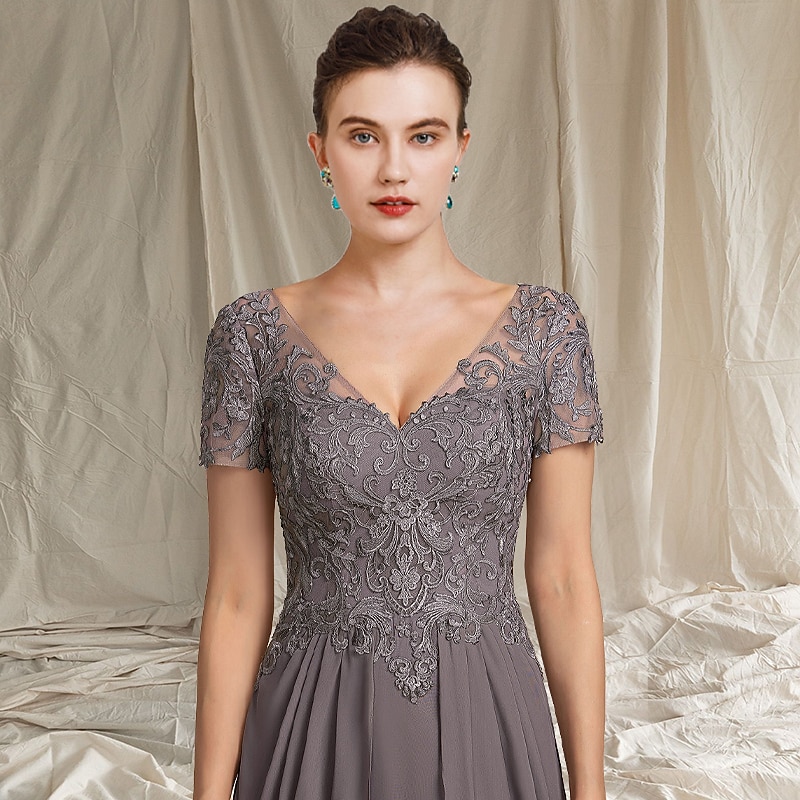 A-Line Mother of the Bride Dress Wedding Guest Elegant Plus Size High Low V Neck Tea Length Chiffon Lace Short Sleeve with Pleats Appliques3