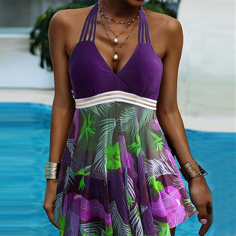 Women's Plus Size Swimwear Tankini 2 Piece Swim Dress Swimsuit 2 Piece Modest Swimwear Open Back Printing for Big Busts Vacation Cute Floral Leaf V Wire Sleeveless Bathing Suits4