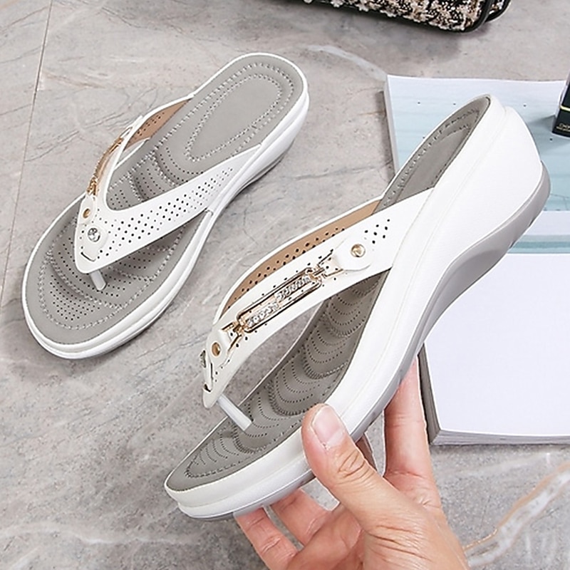 Women's White Wedge Flip-Flop Sandals with Rhinestone Accent – Comfortable Casual Summer Shoes - Main Image