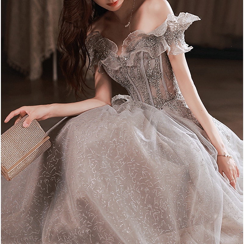 A-Line Prom Dresses Sparkle & Shine Dress Wedding Guest Prom Floor Length Short Sleeve Off Shoulder  with Sequin Ruffles  dress to impress4