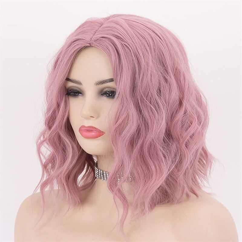 Pink Wigs for Women Loose Curly Synthetic Wigs Baby Pink Hair Wigs for Party Pink Cosplay Wig Middle Part Short Curly Wigs LEMEIZ-125 Christmas Party Wigs4