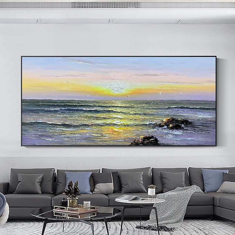 Oil Painting Handmade Hand Painted Wall Art Modern Abstract Sunrise Seascape Seasore Landscape Home Decoration Decor Rolled Canvas No Frame Unstretched - Main Image