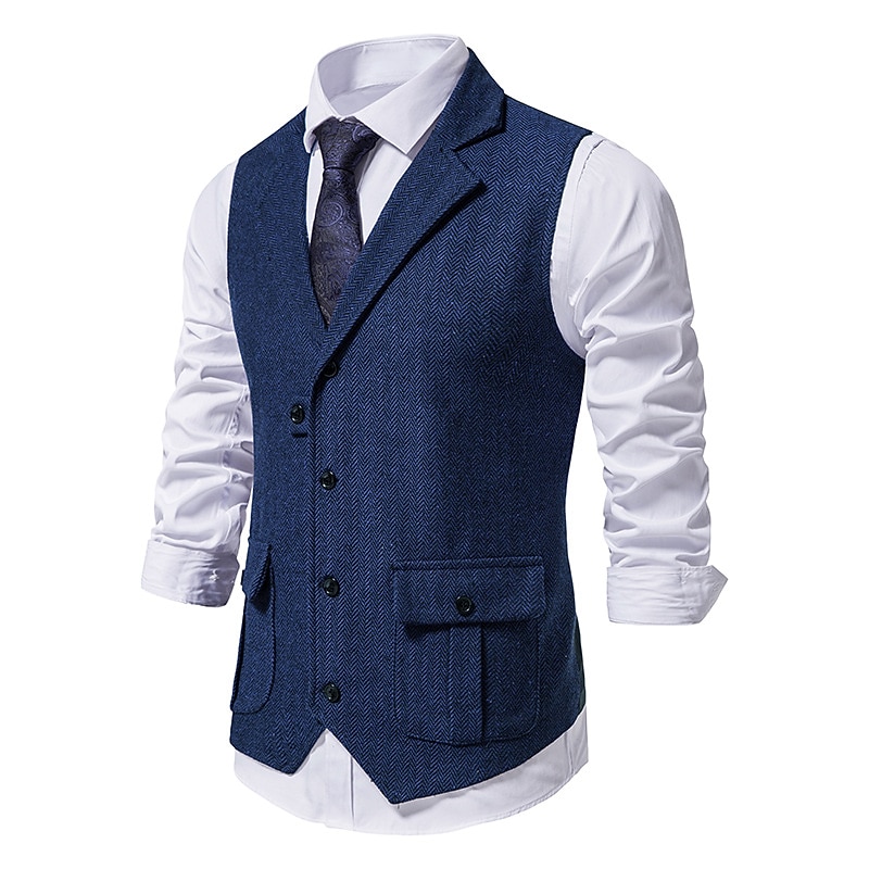 Men's Vest Waistcoat Gilet Formal Wedding Work Business Business Casual Spring Fall Pocket Polyester Warm Quick Dry Plaid / Check Double Breasted Turndown Regular Fit Blue Green Khaki Gray Vest2