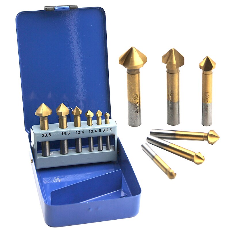 Round Shank 6pcs/Set 3 Flute HSS Hard Metals Three Edge Chamfer Chamfering End Mill Cutter Bit Countersink Drill Bit Iron Box Packaging