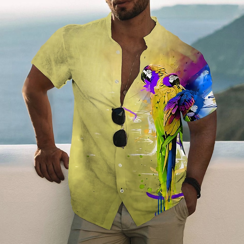 Men's Animal Parrot Shirt Summer Hawaiian Shirt Aloha Shirt Short Sleeve Shirt Stand Collar Fashion Designer Casual Outdoor Vacation Casual White Yellow Blue 3D Print S M L3