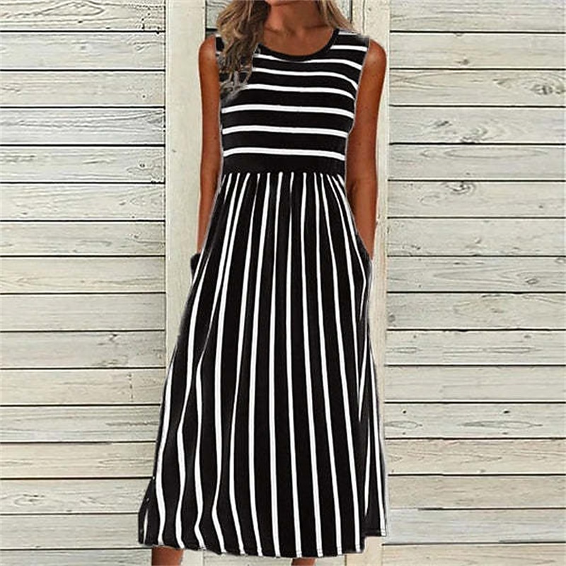 Women's Midi Dress Casual Dress Casual Outdoor Daily Holiday Loose Fit Striped Sleeveless Crew Neck Black White Summer Spring