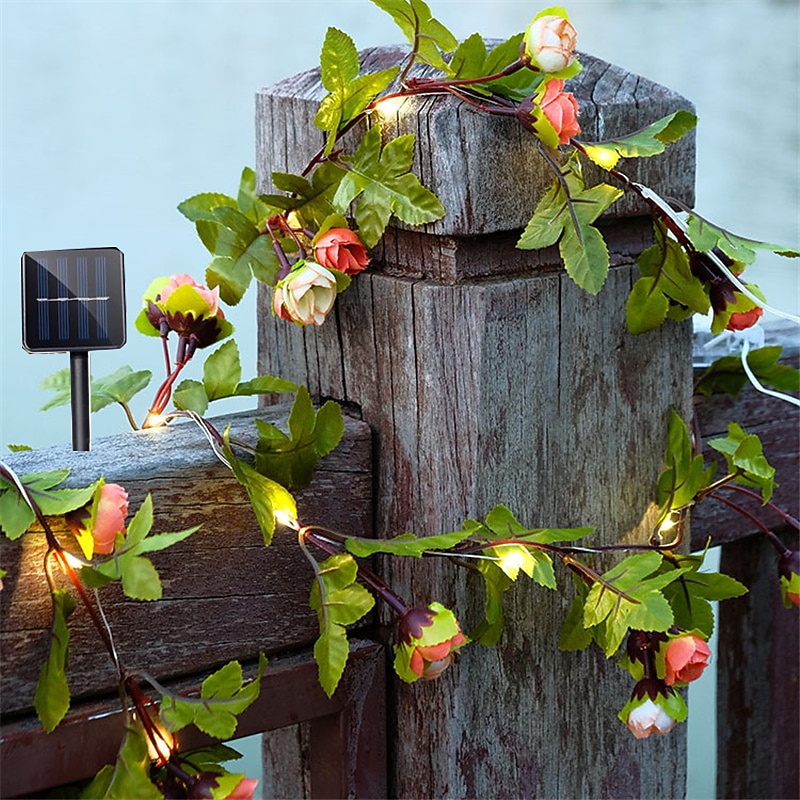 Solar Ivy Leaf Rose Leaf String Lights Outdoor LED Hanging Lights Artificial for Valentines Yard Fence Garden Wall Hanging Decoration Lighting Waterproof Light