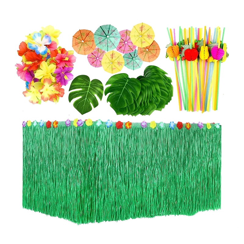 83pcs Hawaiian Tropical Party Decorations  Hawaiian Table Skirt Party Hibiscus Fruit Straw Set Hawaiian Luau Grass Table Skirt Palm Leaves and Hibiscus Flowers4