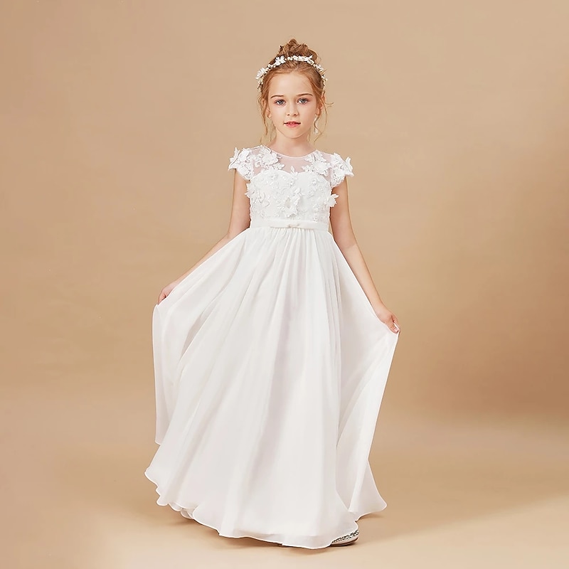 Flower Girl Dress Girls' Princess Dress First Communion Dress Party Dress Performance Wedding Party Princess Sweet Mesh Solid Color Short Sleeve Crew Neck White 2-12 Years