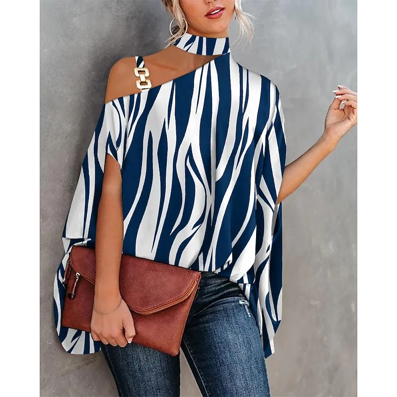 Women's Shirt Going Out Tops Blouse Concert Tops Black Navy Blue Royal Blue Graphic Floral Patchwork Print Short Sleeve Daily Going out Streetwear Elegant Halter Regular Batwing Sleeve S2