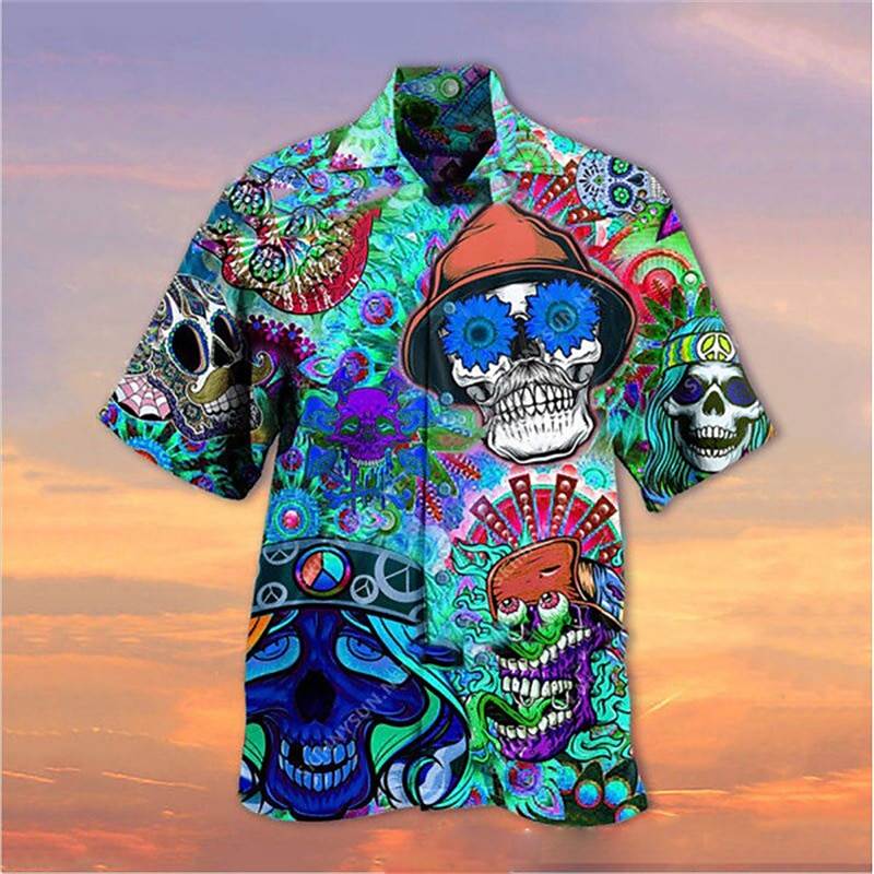 Men's Skull Shirt Summer Hawaiian Shirt Camp Collar Shirt Short Sleeve Shirt Turndown Hawaiian Designer Casual Outdoor Street Casual Red Blue Purple 3D Print S M L2