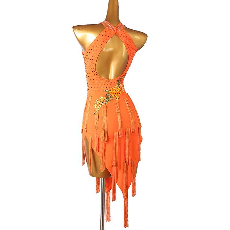 Latin Dance Dress Tassel Crystals / Rhinestones Women's Performance Training Sleeveless Spandex2