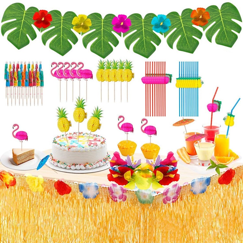 83pcs Hawaiian Tropical Party Decorations  Hawaiian Table Skirt Party Hibiscus Fruit Straw Set Hawaiian Luau Grass Table Skirt Palm Leaves and Hibiscus Flowers