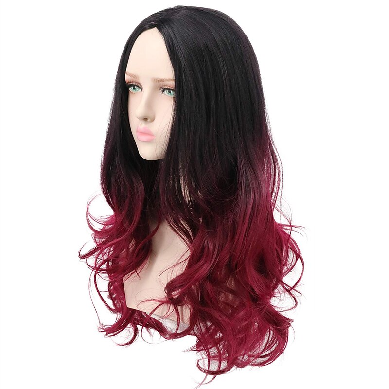 Long Wavy Two Tone Ombre Black Dark Red Wig Halloween Cosplay Costume Wigs4