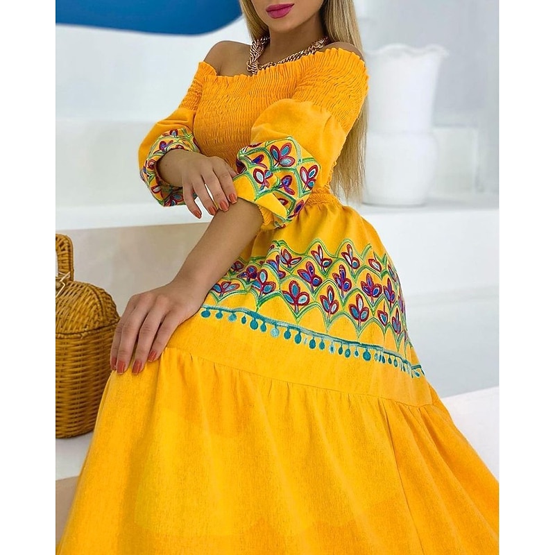 Women's Casual Dress Long Dress Maxi Dress Yellow Half Sleeve Floral Patchwork Fall Spring Autumn Off Shoulder Modern Weekend Slim 2023 S M L XL XXL3