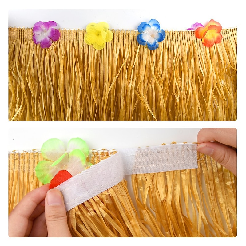 Hawaiian Tropical Party Decorations with Hawaiian Luau Grass Table Skirt Palm Leaves and Hibiscus Flowers (Gold)4