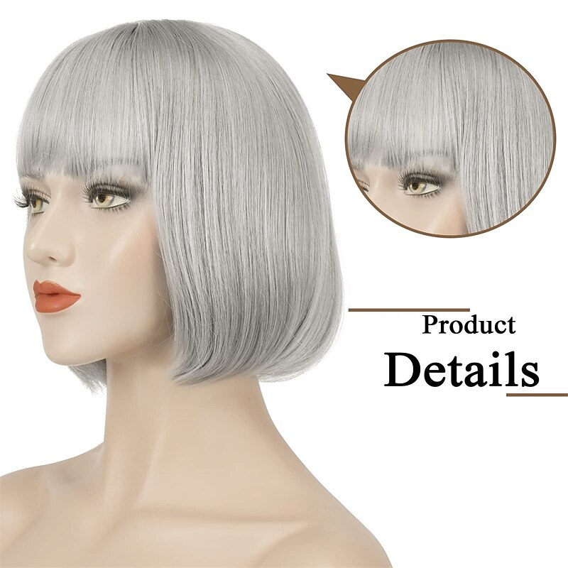 Short Straight Bob Wigs 11 inch Synthetic with Bangs Daily Party Cosplay Hair Wig for Black Women silver gray2
