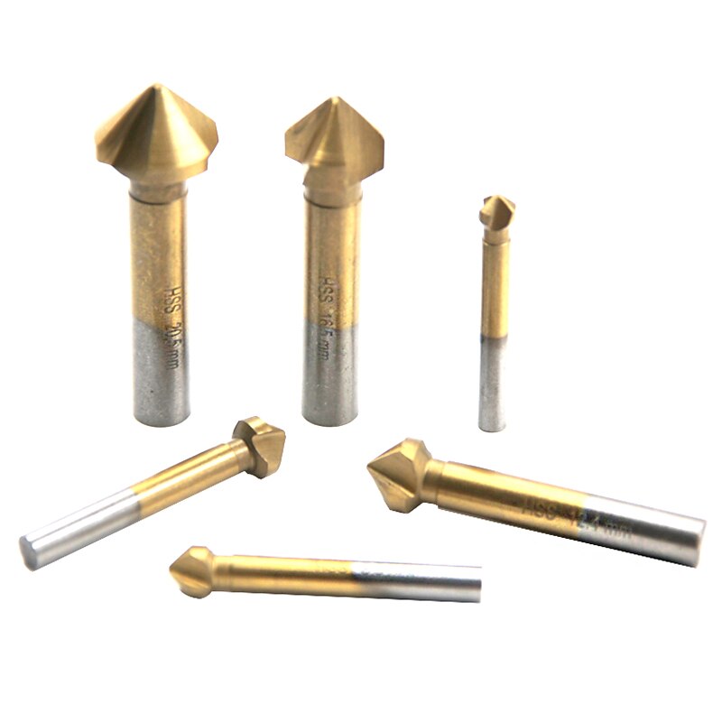 Round Shank 6pcs/Set 3 Flute HSS Hard Metals Three Edge Chamfer Chamfering End Mill Cutter Bit Countersink Drill Bit
