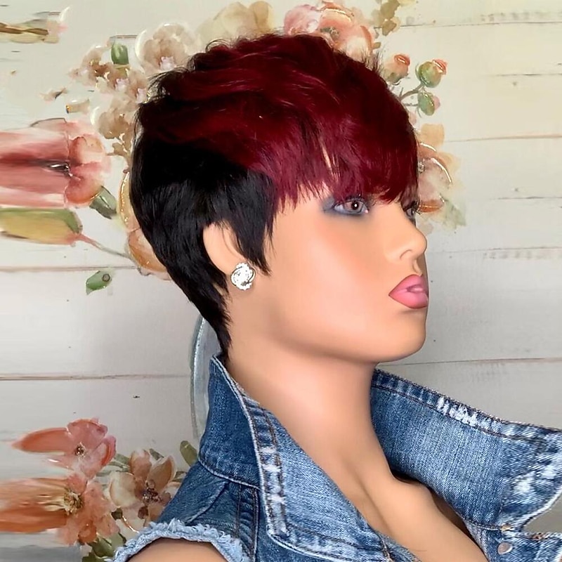 Red Burgundy 99J Ombre Color Short Wavy Bob Pixie Cut Wigs Full Machine Made Non Lace Human Hair Wigs With Bangs For Black Women 1b99j2