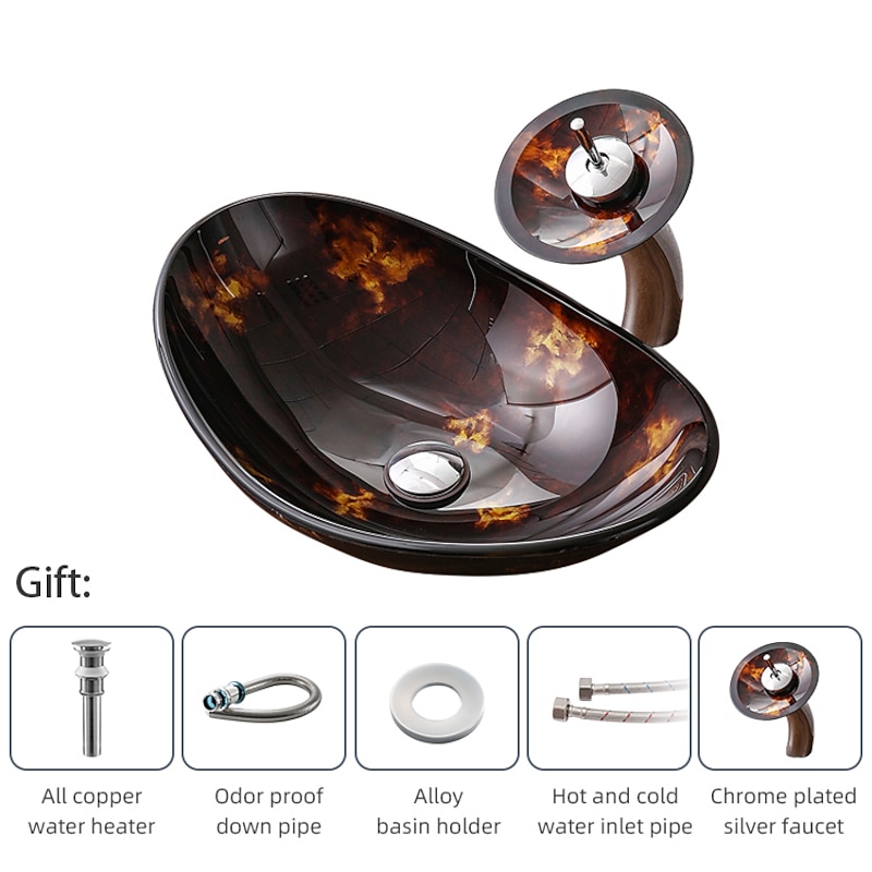 Bathroom Vessel Sink with Faucet Mounting Ring and Pop Up Drain Round Bowl BasinBrown2