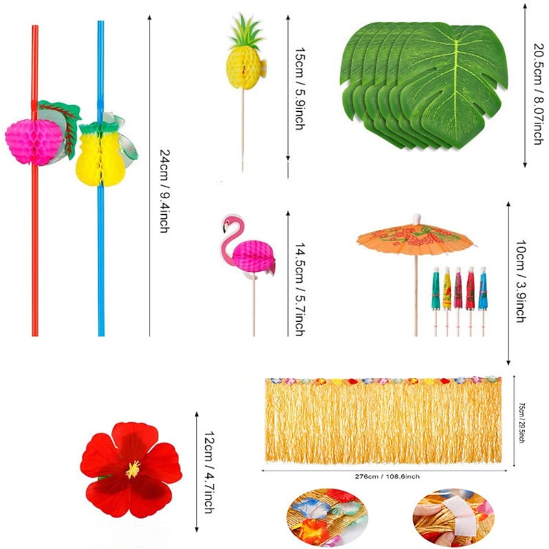 83pcs Hawaiian Tropical Party Decorations  Hawaiian Table Skirt Party Hibiscus Fruit Straw Set Hawaiian Luau Grass Table Skirt Palm Leaves and Hibiscus Flowers2