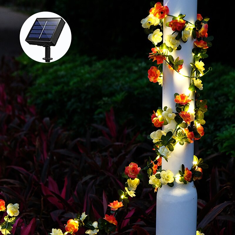 Solar Sunflower Rose LED Fairy String Lights Leaf Rattan Garland Outdoor Lights Waterproof 2.5m 30leds Valentines Wedding Party Holiday Garden Patio Home Indoor Outdoor Decoration2