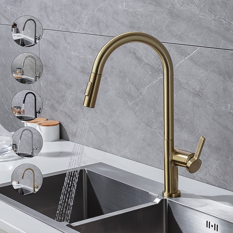 Kitchen Faucet with Pull-out Spray,Single Handle One Hole Brass High Arc 2-modes 360°Rotatable Modern Contemporary Kitchen Taps - Main Image